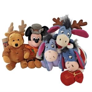 VTG Disney Store Christmas Bean Bag Plush Lot Reindeer Santa Eeyore Pooh Mickey
